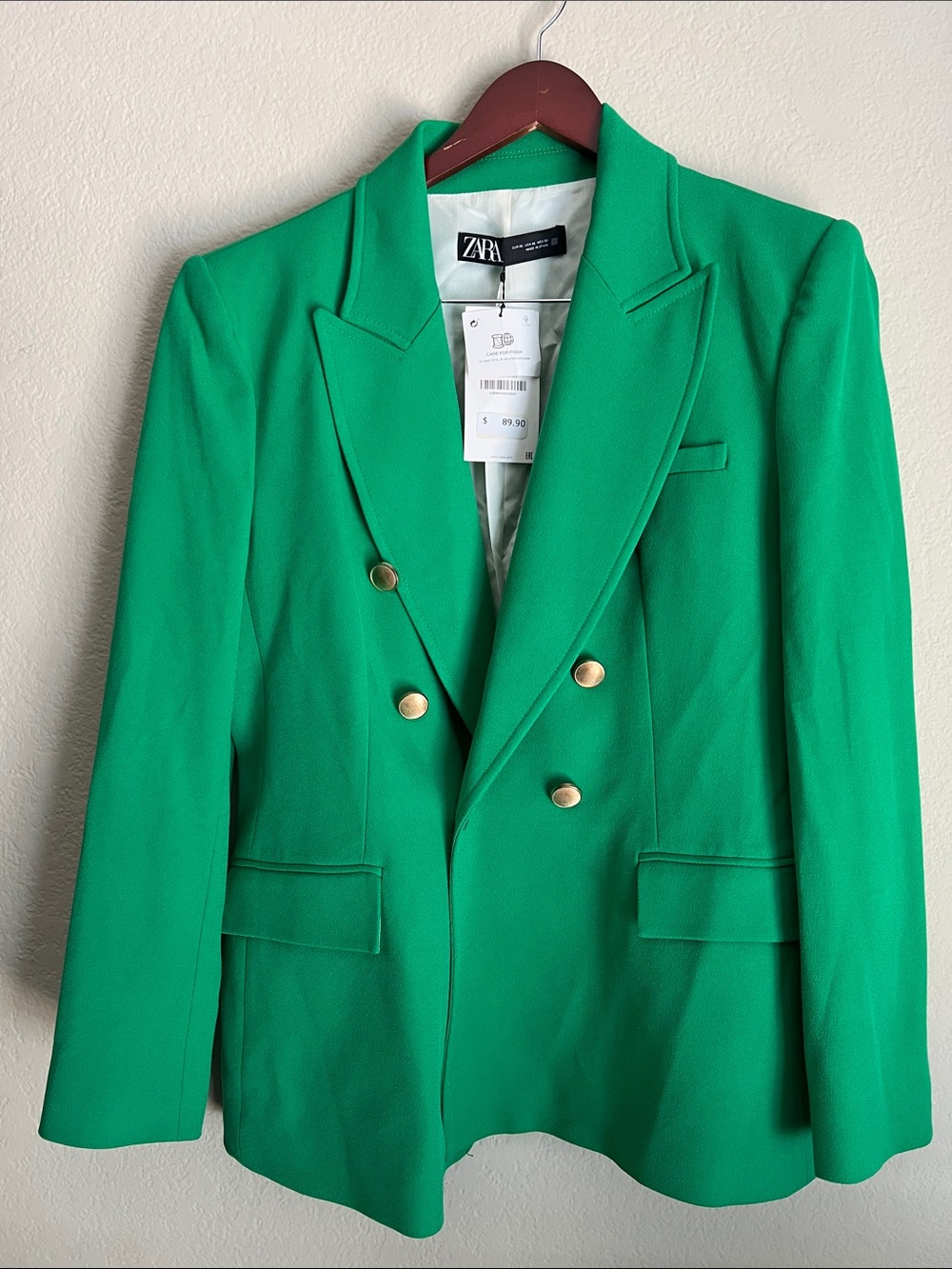 Zara Vibrant Green Double-Breasted Blazer with Gold Buttons